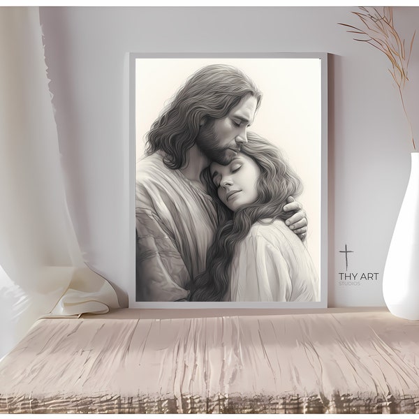 Jesus and Mary Magdalene, Pencil Sketch, Mary and Jesus Painting, Mary Magdalene Meets Jesus, Sacred Hearts of Jesus and Mary, Christ Art