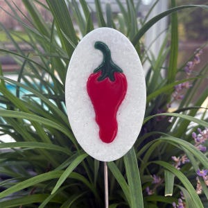 Fused Glass Red Chili Pepper Plant Stake | Plant Decorations | Garden Art
