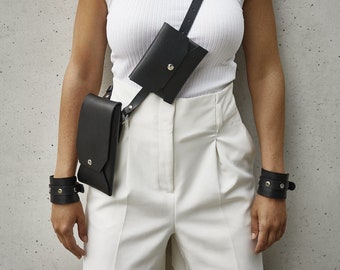 ECHT Leder (NICHT Synthetik / PU / Vegan) Handytasche & Brieftasche mit Crossbody- oder Gürtelriemen / Schwarz mit silberner Hardware