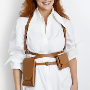 Imbragatura in VERA pelle (NON sintetica / PU / vegana) con tasche / marrone / Imbragatura con tasche rimovibili per telefono, carte e chiavi