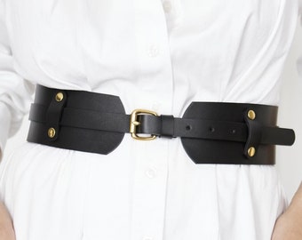REAL Leather (NOT Synthetic / PU / Vegan) Belt / Black With Gold Buckles