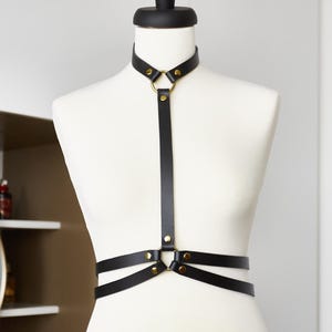 REAL Leather (NOT Synthetic / PU / Vegan) Harness Goddess Tellus / Black With Gold Hardware