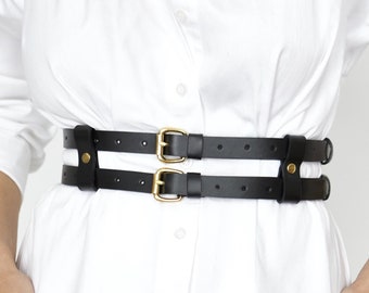 REAL Leather (NOT Synthetic / PU / Vegan) Belt / Black With Gold Buckles