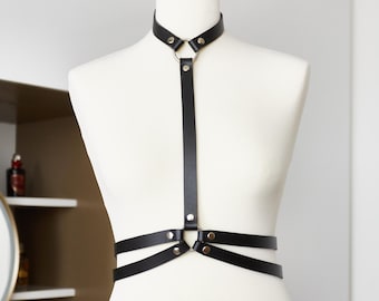 REAL Leather (NOT Synthetic / PU / Vegan) Harness Goddess Tellus / Black With Silver Hardware
