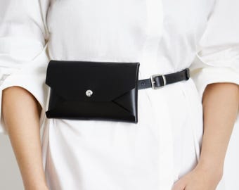 REAL Leather (NOT Synthetic / PU / Vegan) Phone Bag With Belt / Black With Gold Hardware