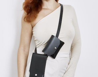 REAL Leather (NOT Synthetic / PU / Vegan) Phone Bag & Wallet With Crossbody Or Belt Strap / Black With Silver Hardware