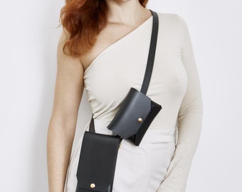 REAL Leather (NOT Synthetic / PU / Vegan) Phone Bag & Wallet With Crossbody Or Belt Strap / Black With Gold Hardware