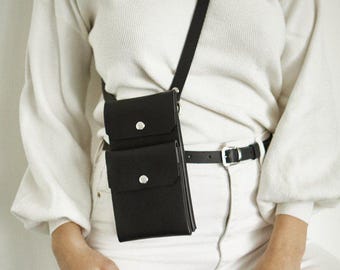 REAL Leather (NOT Synthetic / Vegan / Faux / PU) Phone & Wallet Bag With Crossbody Or Belt Strap / Black With Silver Hardware