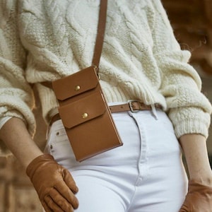 Bolsa de couro REAL (NÃO sintético / vegano / sintético / PU) para celular e carteira com alça transversal ou cinto / marrom