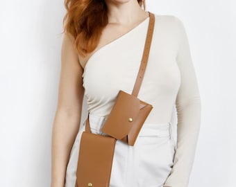 REAL Leather (NOT Synthetic / PU / Vegan) Phone Bag & Wallet With Crossbody Or Belt Strap / Brown