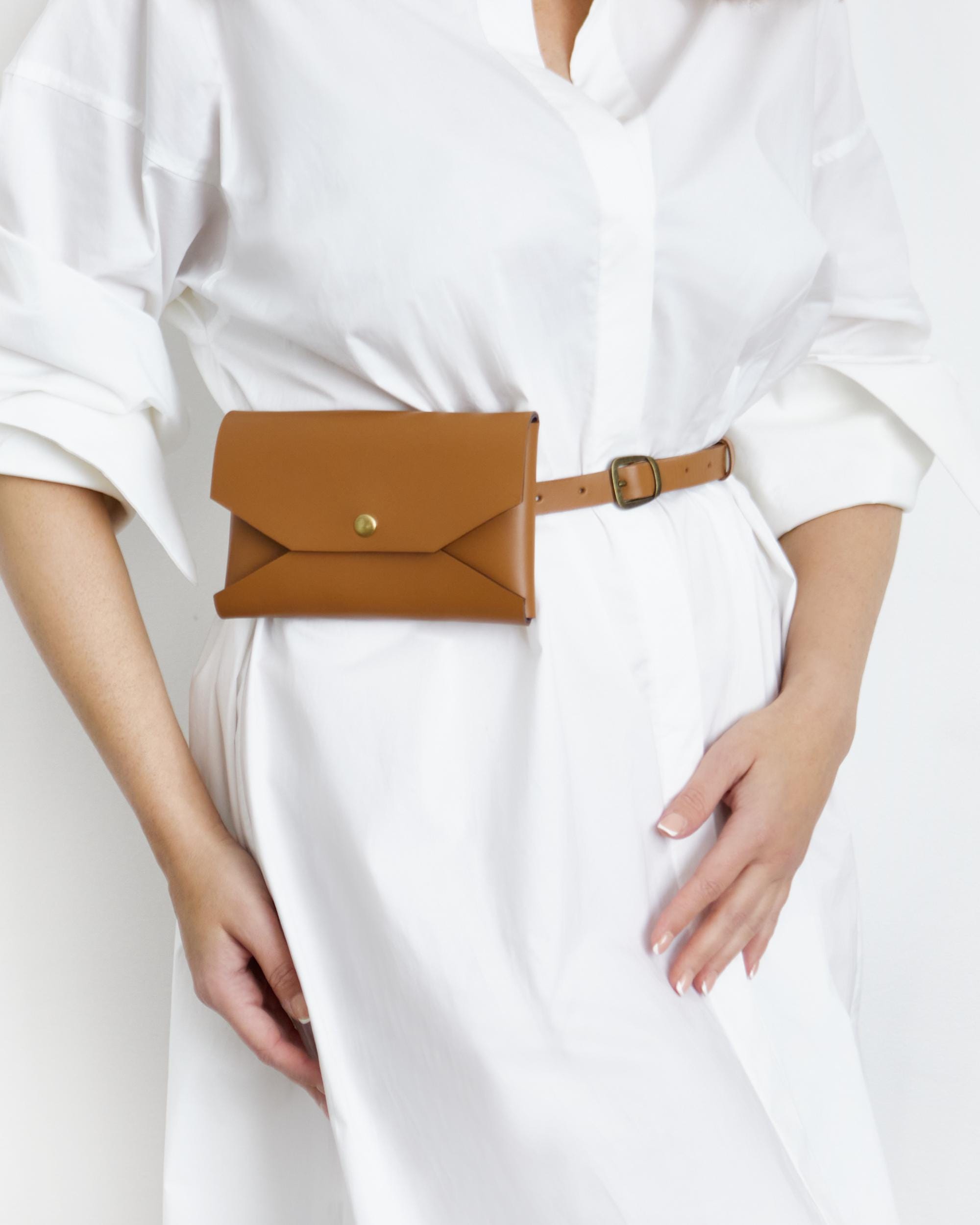 REAL Leather (NOT Synthetic / PU / Vegan) Phone Bag With Belt / Brown