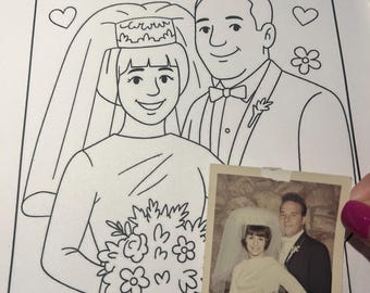 May include: Black and white line drawing of a bride and groom with the text "Love Is In The Air - 1968". A small, vintage black and white photo of a couple in wedding attire is next to the drawing.