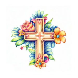 Christian Floral Cross Clipart - Digital Download - For Printing and more