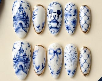 Mickey Mouse Blue Porcelain Styled Press On Nails, Disney Inspired Nail Art, Aesthetic Castle Reusable Nails, Handmade Custom Size Nails