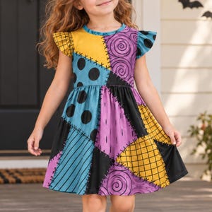 Colorful Patchwork Kid Ruffle Sleeve Dress, Stitched Rag Doll Halloween Costume and Twirl Party Dress for Girls