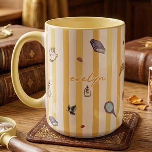May include: A yellow and white striped ceramic mug with the name "evelyn" printed on it. The mug is decorated with small illustrations of books, leaves, and other objects. A magnifying glass and a small mirror are also visible.