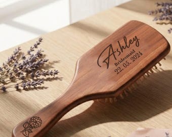 Custom Name and Date Brides Wooden Hair Comb, Personalized Bridal Party Gift, Engraved Floral Hair Brush, Aesthetic Wood Hair Care Gifts