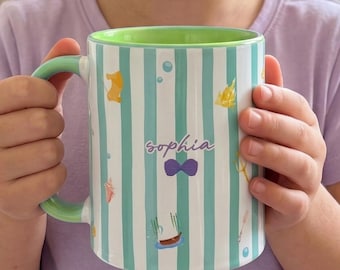 Custom Name The Little Mermaid Princess Ariel Accent Mug, Disney Movie Inspired Mug, Personalized Birthday Gift, Cute Striped Coffee Mug