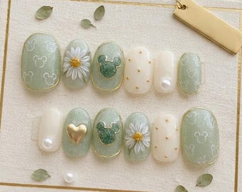 Custom Birth Month Flower Press On Nails, Mickey Mouse Head Glitter Nail Art, Disney Reusable Nails Gift for Her, Handmade Custom Size Nails