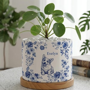 Custom Name Toile De Jouy Styled Pet Photo Planter, Memorial Flower Pot, Pet Loss Keepsake, Floral Pattern Pots, Personalized Dog Lover Gift