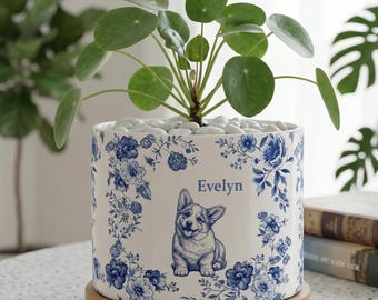 Maceta personalizada con foto de mascota estilo Toile de Jouy, maceta conmemorativa, recuerdo para la pérdida de una mascota, macetas con estampado floral, regalo personalizado para amantes de los perros