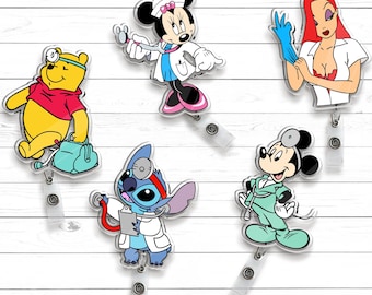 Custom Nurse Cartoon Friends Badge Reel, Personalized Badge, Retractable ID Badge Holder, Gift For Nurse, Trip