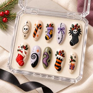 Spooky Christmas Press On Nails, Creepy Cute Stocking Nail Art, Patchwork Skull Fake Nails, Halloween Christmas Glue On Nails
