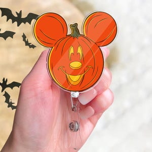 Vintage Disney Mickey Mouse Pumpkin Badge Reel, Disneyland Halloween Badge, Spooky Season, Nurse Badge Clip, Retractable ID Badge Holder