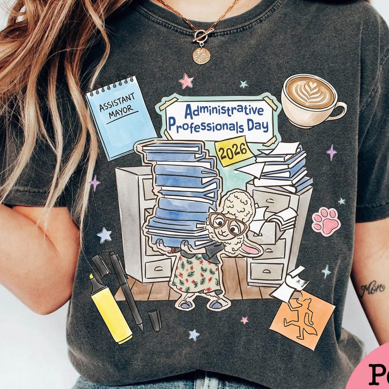 Puede incluir: Camiseta gris oscuro con una ilustraci&oacute;n de dibujos animados para el D&iacute;a de los Profesionales Administrativos 2026. El dise&ntilde;o incluye un conejito, libros, una taza de caf&eacute; y el texto "Assistant Mayor".