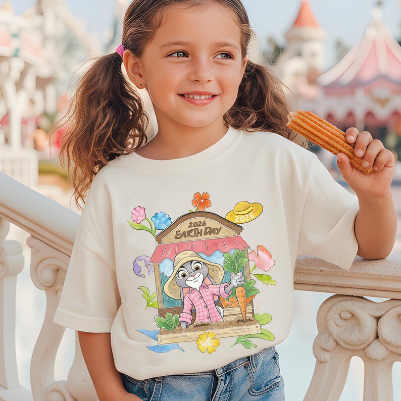 Op de afbeelding: Een cr&egrave;mekleurig T-shirt met een cartoonillustratie van een konijnenpersonage in een roze geruit overhemd en strohoed, met wortels. Het shirt heeft de tekst "2026 Earth Day" boven de illustratie. Het meisje houdt een churro vast.
