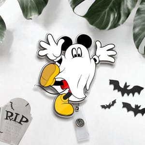Vintage Disney Mickey Mouse Boo Ghost Badge Reel, Disneyland Halloween Badge, Spooky Season, Nurse Badge Clip, Retractable ID Badge Holder