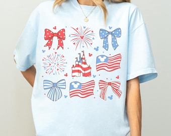 Disney 4th of July Coquette Bow Shirt, Mickey Head Castle Fireworks Tee, Red White Blue Patriotic Disney Outfit, Disneyland Family Trip 2026