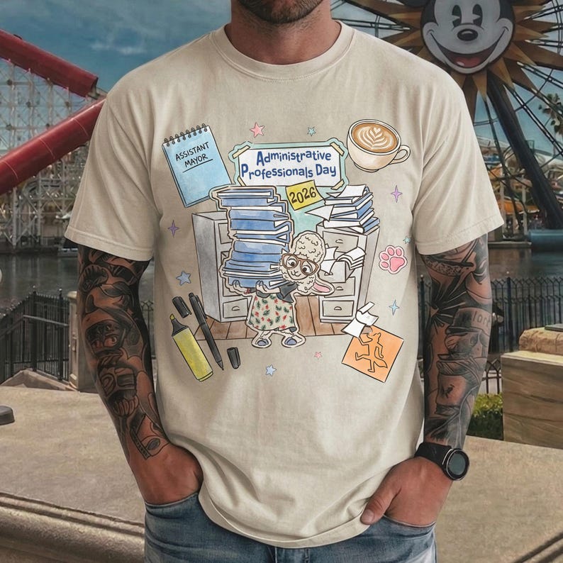 Puede incluir: Camiseta beige con una ilustraci&oacute;n de dibujos animados que celebra el D&iacute;a de los Profesionales Administrativos 2026. El dise&ntilde;o incluye una pila de libros, una taza de caf&eacute; y el texto "Administrative Professionals Day 2026".
