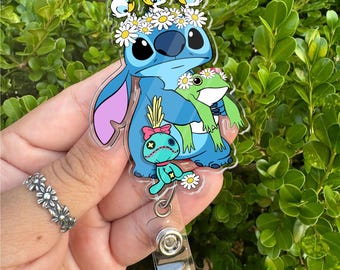 Disney Flower Stitch Scrump Frog Duck Badge Reel, Lilo & Stitch Springs Badge, Retractable ID Badge Holder, Gift For Nurse, Disneyland Trip