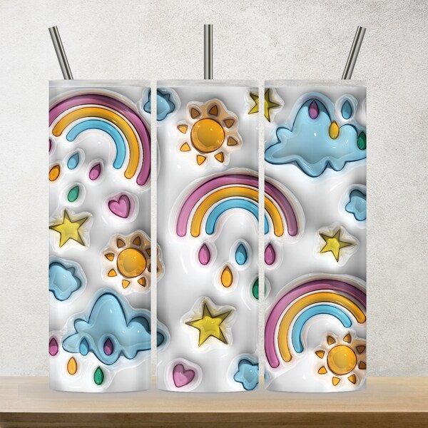 3D Inflated Puff Rainbow Colors Sublimation Tumbler Design Download PNG, 20 Oz Digital Tumbler Wrap PNG Download