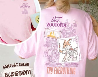 Two Sided Disney Zootopia City Skyline Shirt, Funny Nick Wilde Judy Hopps Tee, Visit Zootopia Try Everything Fst Anml Shirt, Disneyland Trip