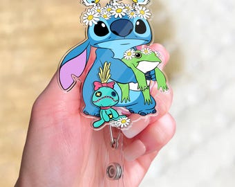Disney Flower Stitch Scrump Frog Duck Badge Reel, Lilo & Stitch Springs Badge, Retractable ID Badge Holder, Gift For Nurse, Disneyland Trip