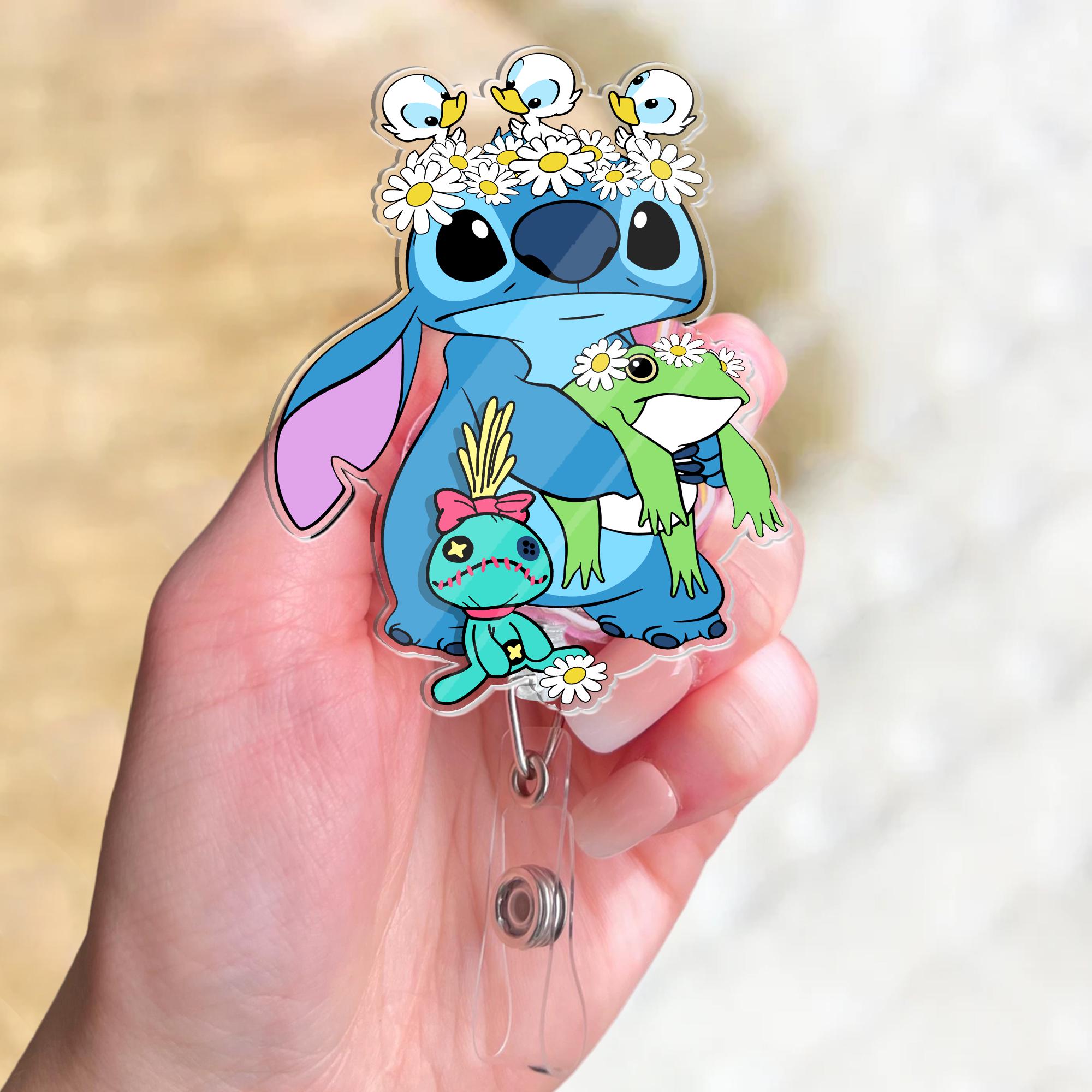 Disney Flower Stitch Scrump Frog Duck Badge Reel, Lilo & Stitch Springs Badge, Retractable ID Badge Holder, Gift For Nurse, Disneyland Trip