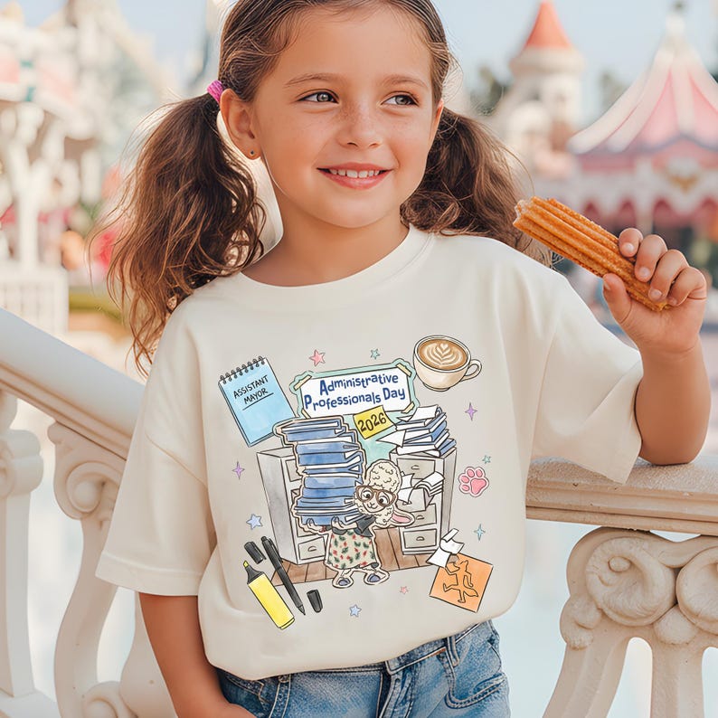 Puede incluir: Camiseta color crema con un dise&ntilde;o de dibujos animados para el D&iacute;a de los Profesionales Administrativos 2026. El gr&aacute;fico incluye una taza de caf&eacute;, una pila de papeles y un personaje de dibujos animados. La ni&ntilde;a sostiene un churro.