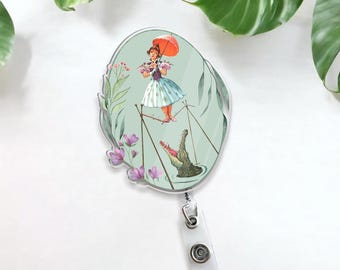 Tightrope Walker Badge Reel, Alligator Circus ID Holder, Vintage Style Illustration Badge Clip, Unique Nursing Badge, Whimsical Accessory