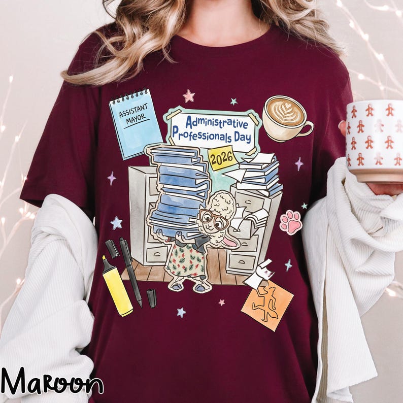 Puede incluir: Camiseta granate con un dise&ntilde;o gr&aacute;fico para el D&iacute;a de los Profesionales Administrativos 2026. El dise&ntilde;o incluye un conejo de dibujos animados, libros, una taza de caf&eacute; y las palabras "Assistant Mayor".