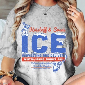 May include: A gray t-shirt with a distressed look featuring a cartoon snowman and reindeer. The text on the shirt reads "Kristoff & Sven's ICE HARVESTING AND DELIVERY WINTER; SPRING - SUMMER - FALL Delivering throughout Arendelle Kingdom CONTACT SVEN FOR DETAILS".