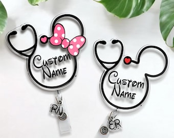 Custom Disney Nurse Mickey Minnie Mouse Head Badge Reel, Personalized Badge, Retractable ID Badge Holder, Gift For Nurse, Disneyland Trip