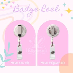 May include: Two circular badge reels with retractable cords and clear plastic straps. The left reel features a silver metal belt clip, and the right reel features a silver metal alligator clip. The text Badge Reel, Ellytique, Metal belt clip, and Metal alligator clip are visible.