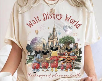 Camiseta divertida de personajes de Winnie the Pooh con cabeza de Mickey, camiseta de Walt Disney World "El lugar más feliz del mundo", Magic Kingdom, viaje a Disneyland