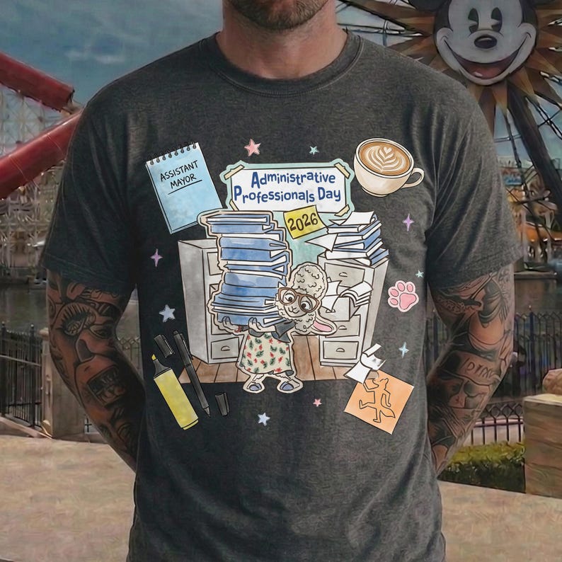 Puede incluir: Camiseta gris oscuro con un gr&aacute;fico colorido que celebra el D&iacute;a de los Profesionales Administrativos 2026. El dise&ntilde;o incluye un conejo de dibujos animados, pilas de libros, una taza de caf&eacute; y las palabras "Assistant Mayor".