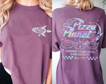Vintage Two Sided Disney Pizza Planet Serving Your Local Star Cluster Shirt, Toy Story Aliens Hologram T-shirt, Disneyland Family Trip 2026