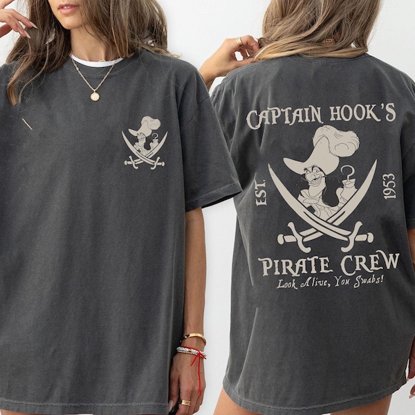 Camiseta de villanos de dos caras, Capitán Garfio, tripulación pirata, Est. 1953, camiseta de Peter Pan de Disney, "Look Alive You Swabs", viaje familiar a Disneyland 2026