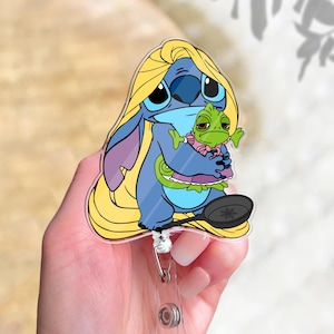 Funny Stitch Rapunzel Badge Reel, Tangled Pascal Disney Badge, Retractable ID Badge Holder, Gift For Nurse, Disneyland Family Trip Gift 2025