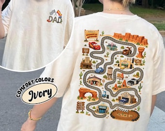 Camiseta de Pixar Cars con mapa de Radiator Springs a doble cara, camiseta Disney para papá con pista de coches, camiseta para papá con el lema "Juega a Cars", regalo para el Día del Padre, camiseta de la película Cars